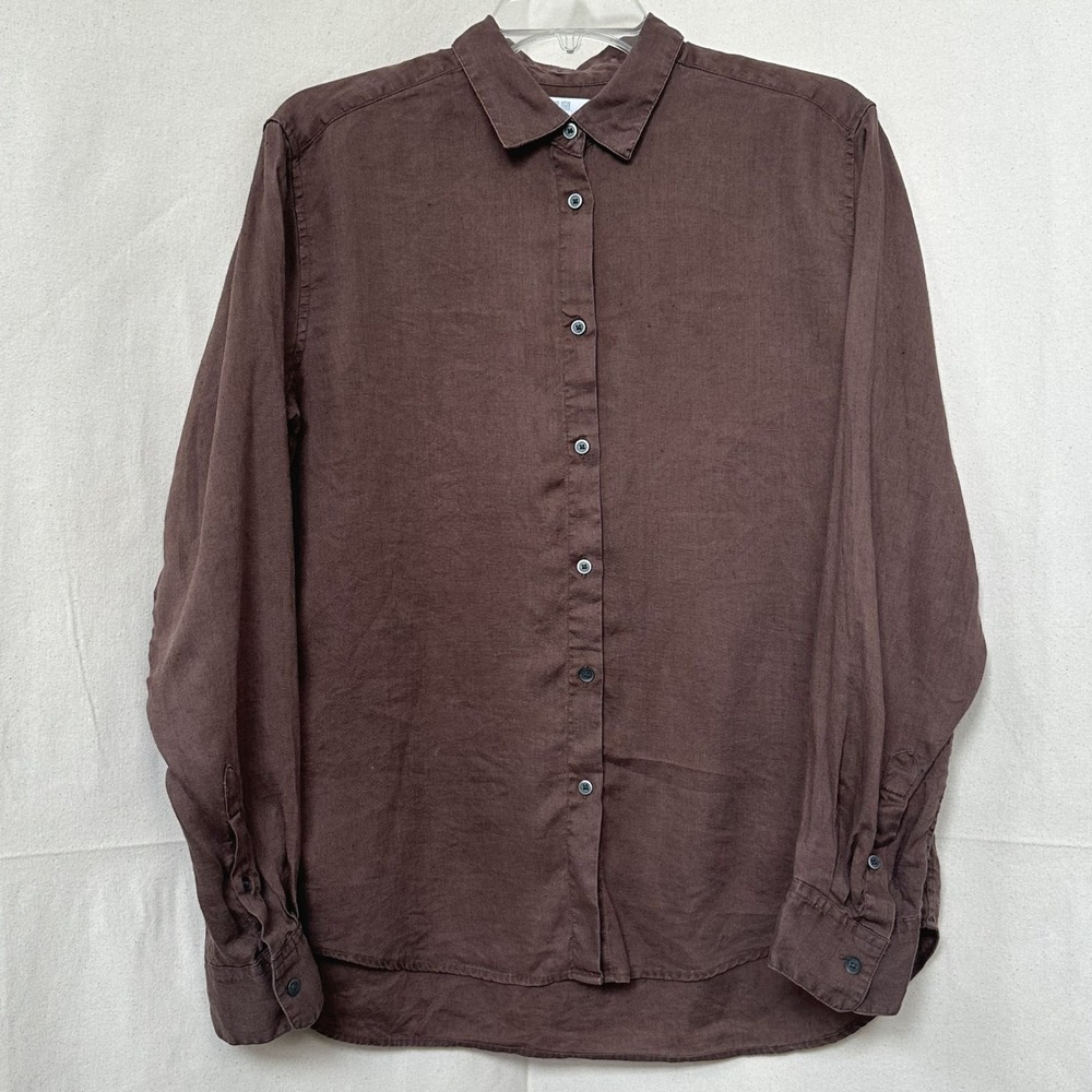 Uniqlo Scandi Minimalist Clean Girl Premium Linen Button Down Shirt Brown Sz M
